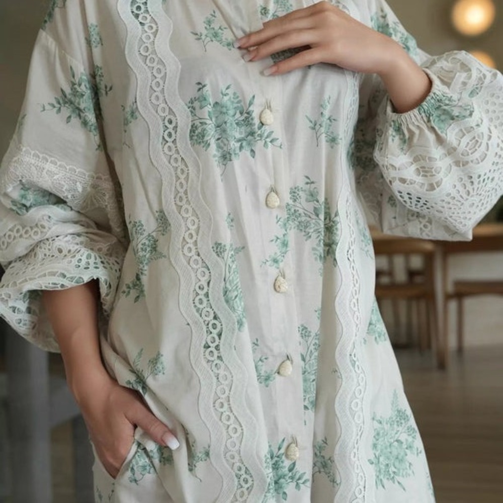 Teal Floral Lace Trim Top and Pants Set coord set of 2 cotton - Picture 5 of 6